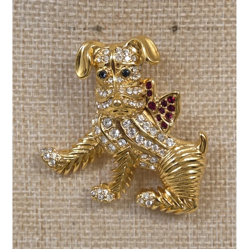 Vtg KJL Kenneth Jay Lane Gold Tone Rhinestone Dog Terrier With Bow Pin Brooch 2